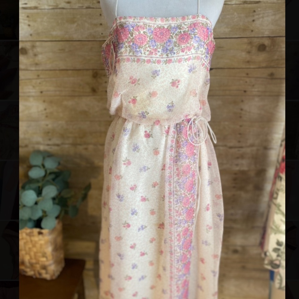 Vintage 1970s spaghetti strap chiffon overlay sun dress